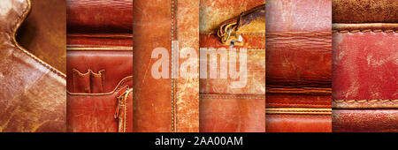 Collage of details of an old leather briefcase. Old Leather Texture Set. Abstract background Stock Photo