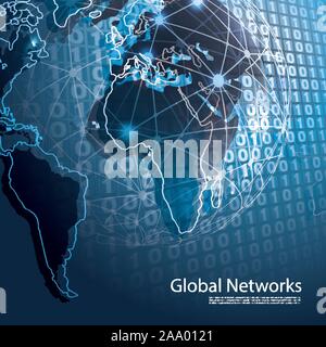 Abstract Blue Global Networks Concept Design with Earth Globe, Map and Digital Background - Illustration in Freely Scalable and Editable Vector Format Stock Vector