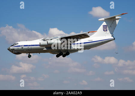 FAIRFORD / UNITED KINGDOM - JULY 12, 2018: Ukrainian Air Force Ilyushin IL-76MD 78820 transport plane arrival and landing for RIAT Royal International Stock Photo