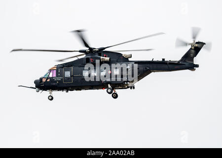 FAIRFORD / UNITED KINGDOM - JULY 12, 2018: Italian Air Force Leoanrdo HH-101A Ceasar MM81868 spec ops helicopter arrival and landing for RIAT Royal In Stock Photo