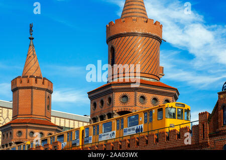 S-bahn train over Oberbaum bridge Oberbaumbrucke in  Friedrichshain Kreuzberg Berlin, Germany, Europe Stock Photo
