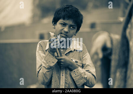 A village boy peeling sugar-cane to have it, selective color, background blur. Stock Photo