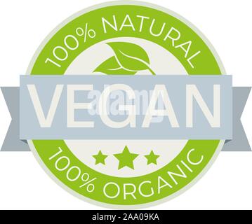 vegan food label with text 100 percent natural and organic vector illustration Stock Vector