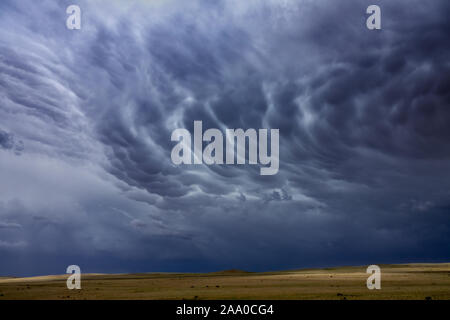 Mammatus clouds sky over steppe Stock Photo