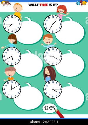 Cartoon Illustrations of Telling Time Educational Activity with Clock Face and Happy Children Stock Vector