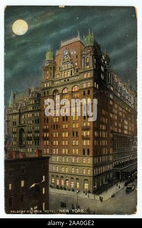 Illustrated postcard of the Waldorf Astoria Hotel at 301 Park Avenue in Midtown Manhattan, New York City, 1908. From the New York Public Library. () Stock Photo