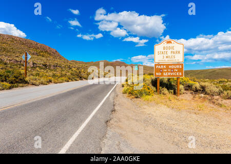 Bodie State Park sign in the eastern Sierra Nevada Mountains of California. From here it takes 3 miles to get to the Ghost town of Bodie. Stock Photo