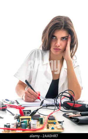 Woman Repairing Computer Part, Problems Concept, Service Center Problems. Electronics Repair Service. Stock Photo