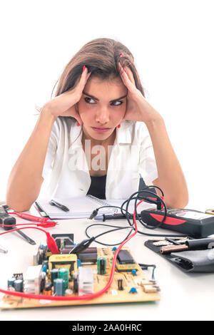 Woman Repairing Computer Part, Problems Concept, Service Center Problems. Electronics Repair Service. Stock Photo