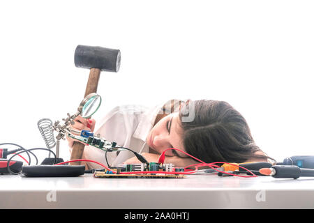 Woman Repairing Computer Part, Problems Concept, Service Center Problems. Electronics Repair Service. Stock Photo