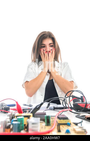 Woman Repairing Computer Part, Problems Concept, Service Center Problems. Electronics Repair Service. Stock Photo