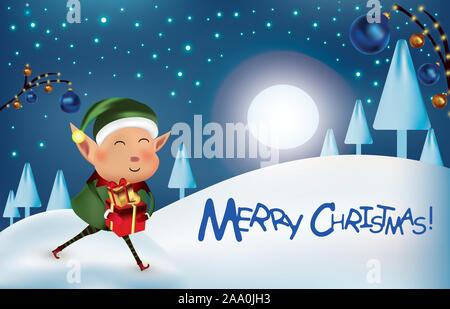Merry Christmas companions. Little elf with gift present in christmas snow scene. Beautiful banner. Christmas balls. Border design with copy space for Stock Vector