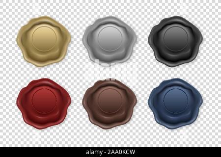 Vector 3d Realistic Vintage Retro Stamp Wax Seal Icon Set Closeup Isolated on Transparent Background. Design Template of Sealing Wax or Stamps, Labels Stock Vector