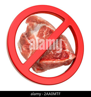 No Meat. Forbidden sign with meat, 3D rendering isolated on white background Stock Photo