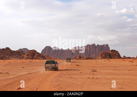 Four-wheel drive Safari, Jabal Al Qattar, Wadi Rum Protected Area, Aqaba Governorate, Jordan, Middle East Stock Photo