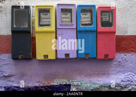 Fez, Morocco. November 9, 2019.  detail of the electricity meters of the old houses in the brightly colored Jewish quarter Stock Photo