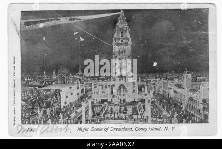 Engraved postcard of a night view of a lighthouse surrounded by ornate towers and buildings in the Dreamland Amusement Park on Coney Island, New York City, published by Illustrated Postal Card Co, 1904. From the New York Public Library. () Stock Photo