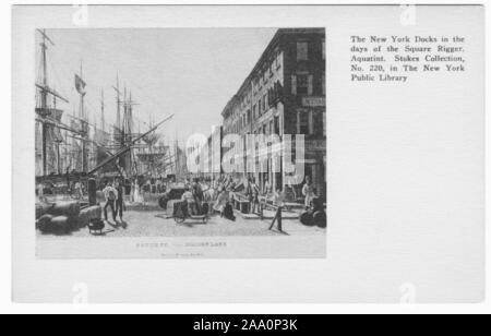 Engraved postcard of a busy day at the New York docks featuring square-rigged ships, New York City, published by New York Public Library, 1935. From the New York Public Library. () Stock Photo