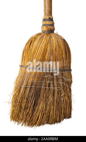 Old Used House Broom Close Up Isolated on White Background. Stock Photo