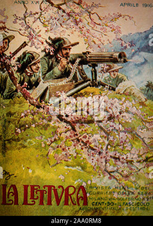 A cover shot illustrating idealised  Alpine troops during their 1917 struggle with the Austrians. From La Lettura, an illustrated monthly magazine. Stock Photo