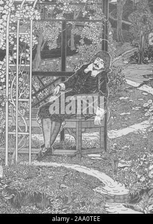 Monochrome illustration of a scene from the book 'Pilgrim's Progress' by John Bunyan, featuring the pilgrim asleep on a bench in a garden, illustrated by George Rhead, published by The Century Co, 1898. From the New York Public Library. () Stock Photo