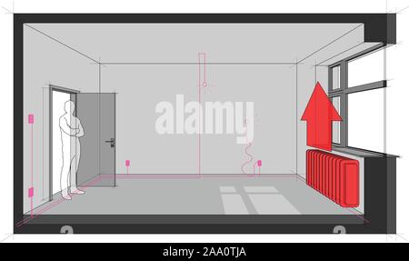 Diagram of a single room heated with radiator heating and with electric installations Stock Vector