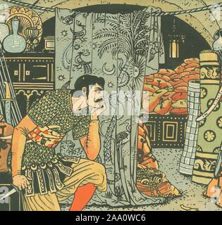 Illustration of a scene from the book 'Ali Baba and the Forty Thieves' featuring the Captain in his cave with oriental curtains and sacks in the background, by author and artist Walter Crane, published by John Lane Co, 1895. From the New York Public Library. () Stock Photo