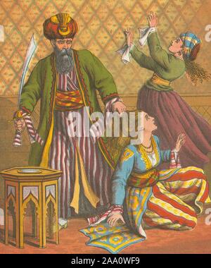 Illustration of a scene from the book 'Blue Beard' by author Charles Perrault, featuring Bluebeard holding a saber in one hand and holding Fatima by the hair with the other, published by McLoughlin Brothers, 1884. From the New York Public Library. () Stock Photo