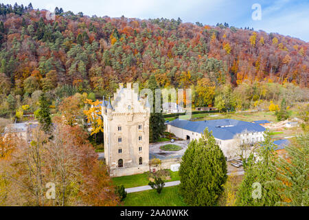 Tower of Schoenfels Castle, Mersch, Kopstal, Mamer or Valley of the Seven Castles in central Luxembourg. Fall in Luxembourg, hills covered with forest Stock Photo