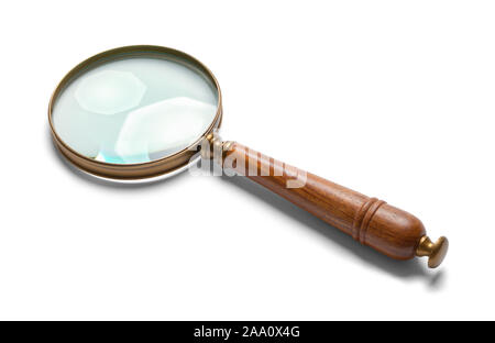 Brass Magnifying Glass with Wood Handle Isolated on White Background. Stock Photo