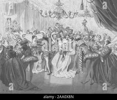 Monochrome illustration of a scene from the book 'Fairy Realm: A Collection Of The Favourite Old Tales' by author Tom Hood, featuring Cinderella at the ball, surrounded by a group of people looking on in admiration, illustrated by Gustave Dore, published by Cassell, Petter, and Galpin, 1865. From the New York Public Library. () Stock Photo