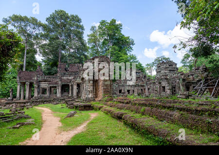 Preah Khan temple near Siem Reap, Cambodia. This temple looks very mystic with moss covering the stones. A big spung tree is famous for this temple. Stock Photo