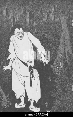 Black and white drawing of Ali Baba from the 'Arabian Nights' story 'Ali Baba and the Forty Thieves' walking through the woods at night, by artist Aubrey Beardsley, 1901. From the New York Public Library. () Stock Photo