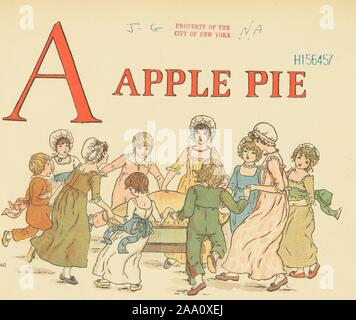 Illustration titled 'A Apple pie' featuring children holding hands and dancing around a huge apple pie, from a children's book by author and illustrator Kate Greenaway, published by Frederick Warne and Co, 1915. From the New York Public Library. () Stock Photo