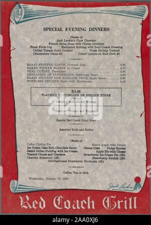 Red Coach Grill Menu featuring an assortment of Special Evening Dinner dishes, including a planked tenderloin or sirloin steak for two complete with all the fixings for $11, October 18, 1950. From the New York Public Library. () Stock Photo