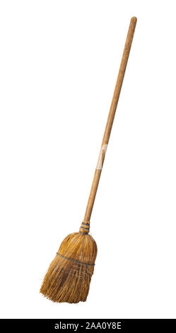 Old Used House Broom Isolated on White Background. Stock Photo