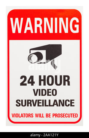 24 Hour Video Surveillance Sign Isolated on White Background. Stock Photo