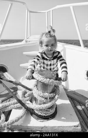 Time for adventure. If you choose follow animators steps every day will seem like never ending party. Baby enjoy sea cruise. Boy sailor travel sea. Boy sea yacht travel around world. Sea traveller. Stock Photo