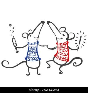Two dancing cute mice or rats in blue and red sweaters who have fun celebrating Chinese New Year 2020. Vector hand drawing illustration for postcard o Stock Vector