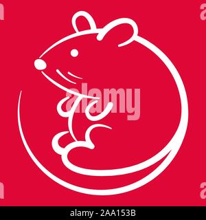 Stylish white mouse or rat symbol on a red background, for the Chinese New Year 2020. Vector hand-drawn illustration for cards and greetings. Stock Vector