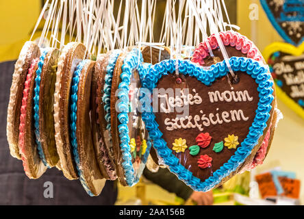 Wroclaw, Poland - December 8, 2017: Traditional Polish handmade gingerbread heart used as gifts and Christmas decoration seen at the Christmas market Stock Photo