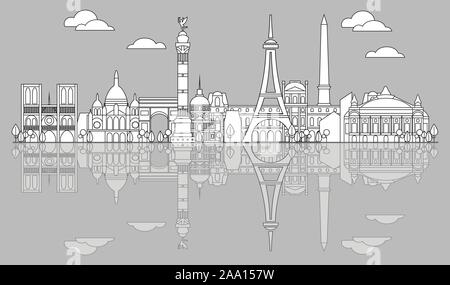 Panoramic line art style Paris City Skyline with reflection. Vector illustration in black color isolated on white background. Vector illustration of l Stock Vector