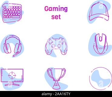 Video Gaming - line icons set. Gamer modern outline design collection with accent color spot. Joystick, keyboard, team cap, cup, gamepad, headphones, mouse, monitor, empty icon. isolated white vector Stock Vector