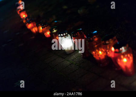Many burning lanterns in memory of the fall of Vukovar in the war. Feeling of sadness, pain and suffering. Laterns represent the memories of loved one Stock Photo