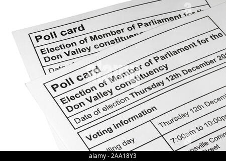 Poll Card for the 12th December 2019 General Election isolated on a white background. Don Valley Constituency. Stock Photo