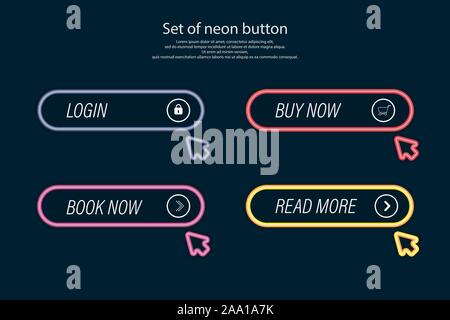 Set of vector neon glowing buttons. Modern infographic for web design. Neon banner vector. Vector illustration Stock Vector