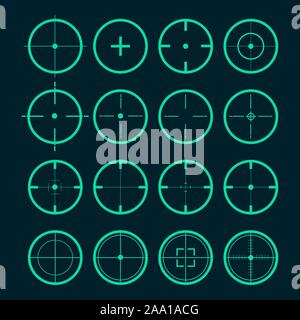 Target set. Sight symbol black colored. Set of 16 sight. Target aim and aiming to bullseye signs symbol. Vector illustration Stock Vector