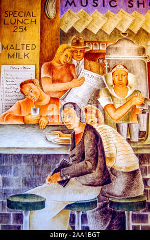 A fresco of unhappy soda fountain customers in the Social Realism style is part of the 1934 mural project in the lobby of Coit Tower in San Francisco. Note left wing newspaper headline. Stock Photo