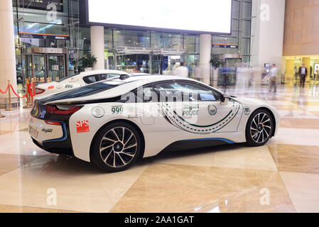 DUBAI, UAE - NOVEMBER 16: The BMW i8 electric car of Dubai Police is on Dubai Motor Show 2019 on November 16, 2019 Stock Photo