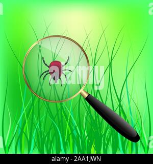 Encephalitis mite on the grass. vector illustration on a green background. Stock Vector